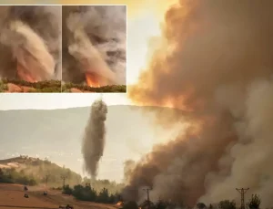 İki ili saran yangının büyüklüğünü anlatan görüntü! Alevlerden hortum oluştu